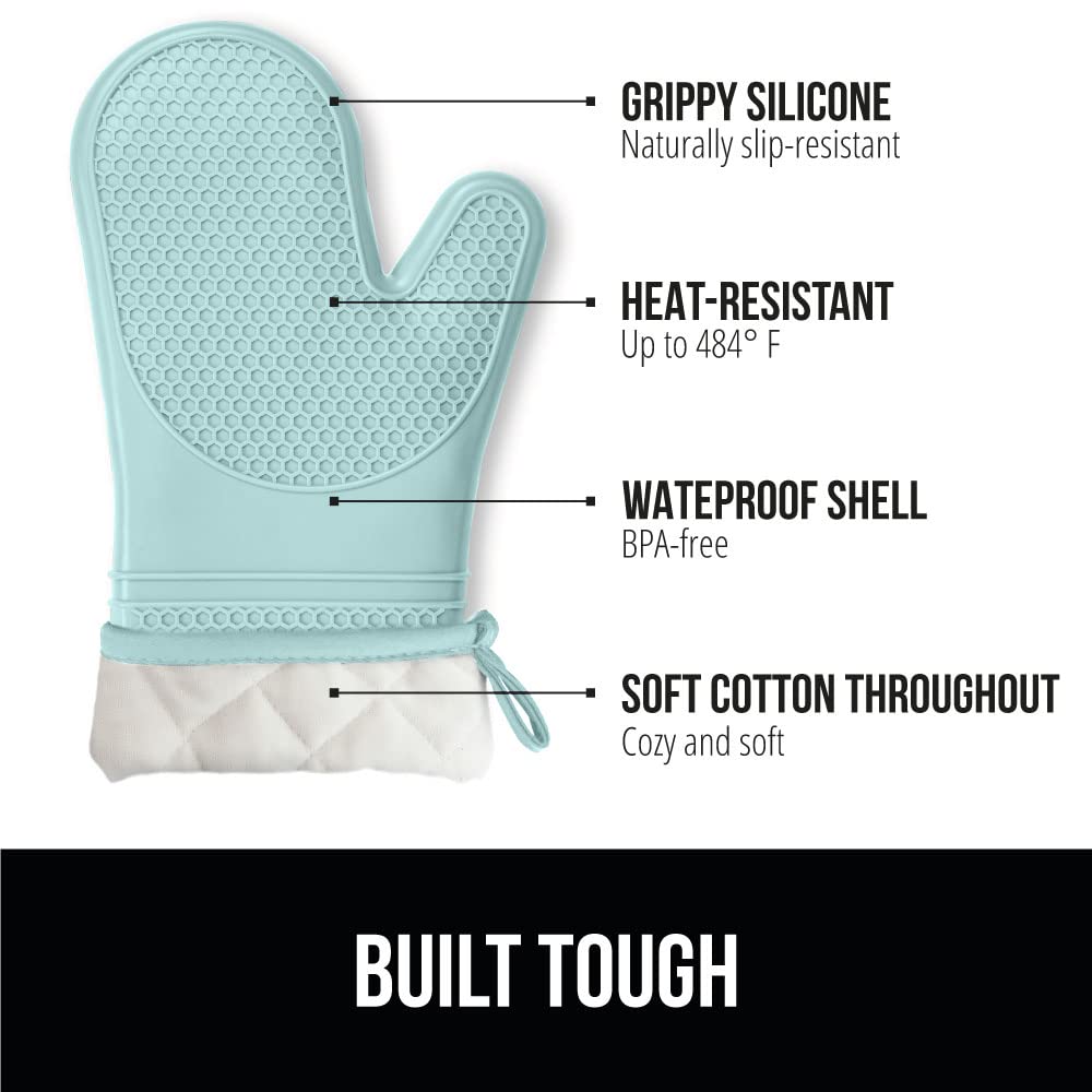 Gorilla Grip Heat and Slip Resistant Silicone Oven Mitts Set, Soft Cotton Lining, Waterproof, BPA-Free, Long Flexible Thick Gloves for Cooking, BBQ, Kitchen Mitt Potholders, 12.5 in, Mint