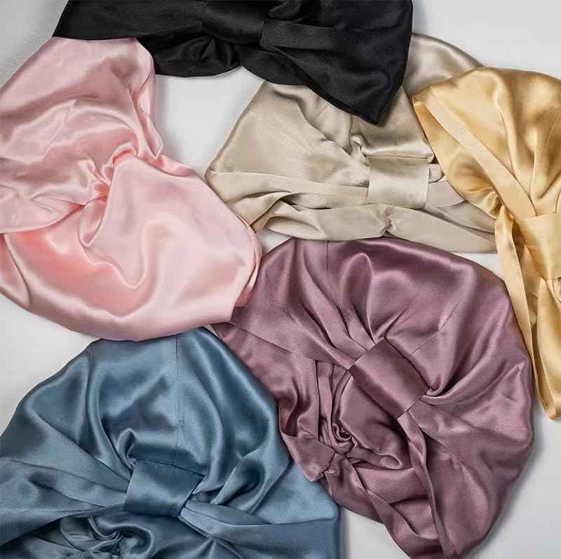 SereLune 100% Mulberry Silk Sleep Bonnet, Double Layer Silk Turban, Shower Cap, 8 Colors (Silver Bonnet With Adjustable Strap)