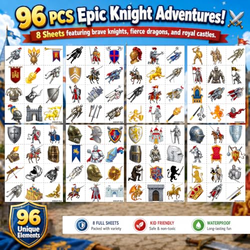 Medieval Knight Temporary Tattoos for Kids | 96 PCS