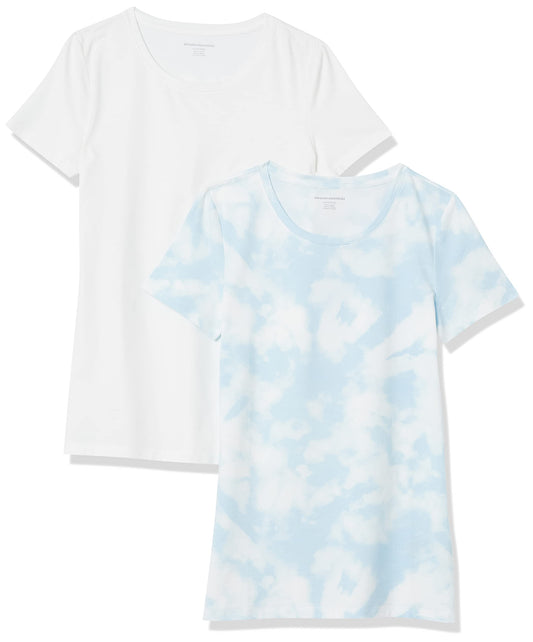 Amazon Essentials Women's Classic-Fit Short-Sleeve Crewneck T-Shirt, Pack of 2, Blue Tie Dye/White, X-Small