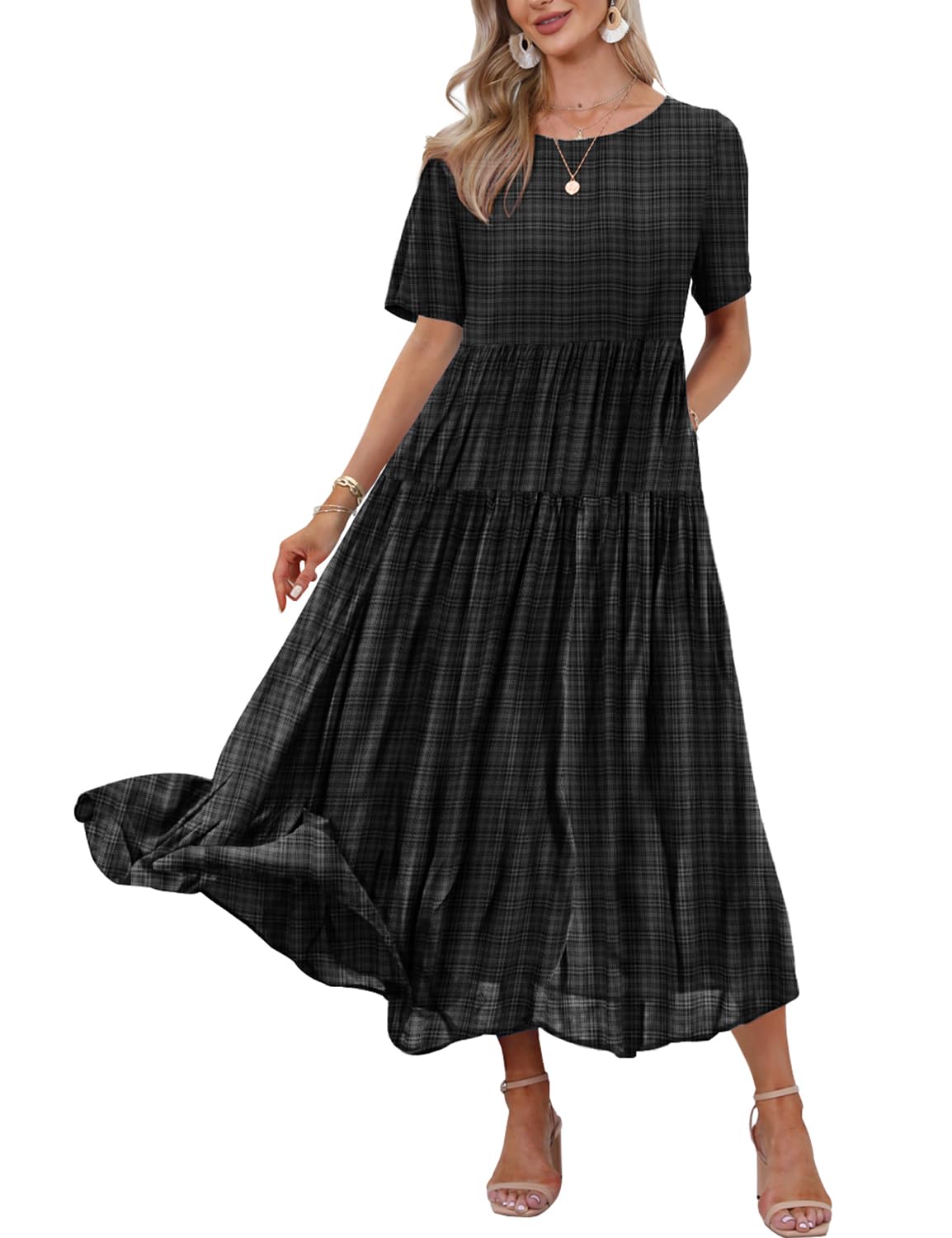 YESNO Women Casual Loose Bohemian Floral Dress with Pockets Short Sleeve Long Maxi Summer Beach Swing Dress (S EJF Solid C Black)