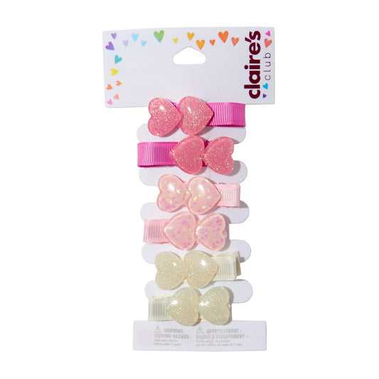 Claire’s Club Fabric Hair Clips - Variety Shades of Pink - 6 Pack of Glitter Heart Designs - Cute Hair Accessories for Young Girls