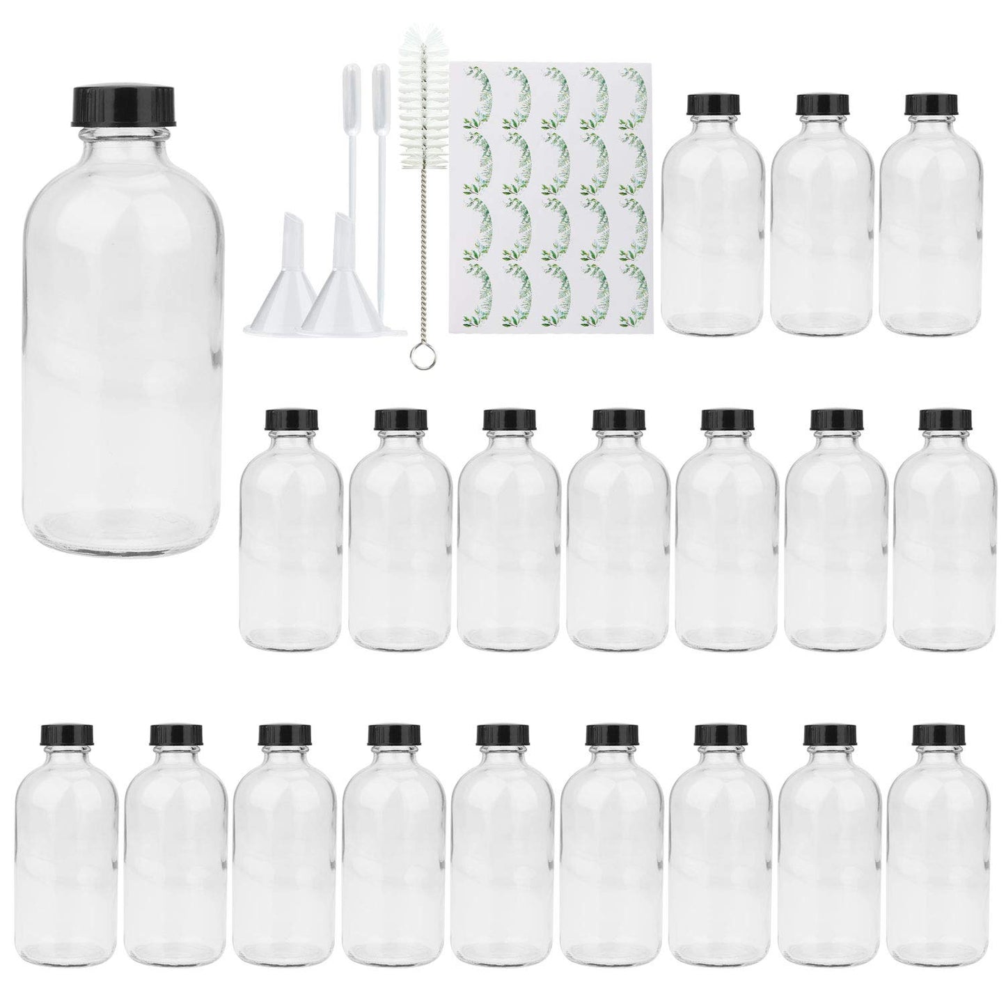 8oz Clear Glass Bottle, Reusable Glass Bottles with Airtight Lid for Shampoo, Conditioner, Essential Oils, Set of 20 (Clear)