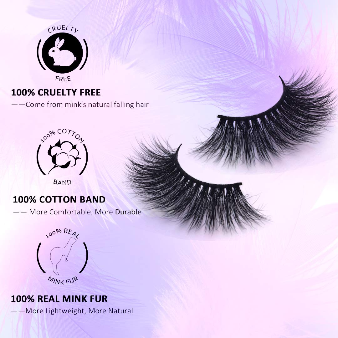 Kisslily 5 Pairs 25mm 3D Long Mink Lashes Pack Fluffy Mink Eyelashes Handmade Dramatic Thick Lash (6D-08)