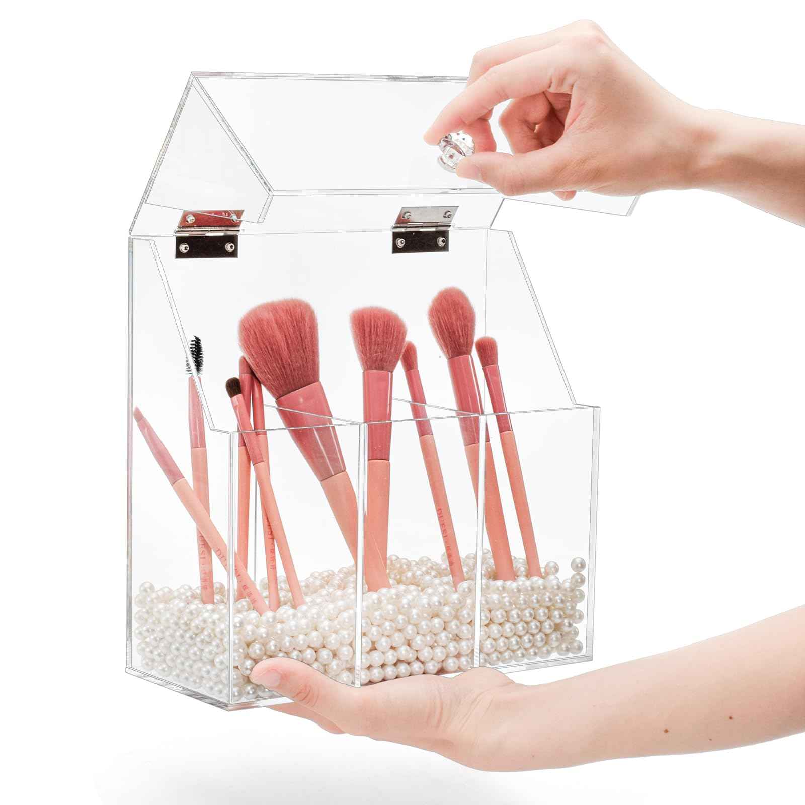 Okllen Makeup Brush Holder with Dustproof Lid, White Pearls, Acrylic Clear Makeup Brush Organizer with 3 Compartment, Large Cosmetic Brush Storage Box Case for Vanity, Bathroom, Bedroom