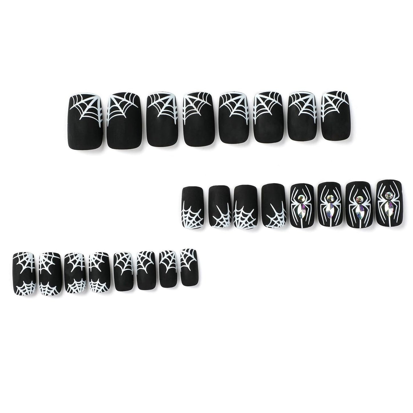 Halloween Press on Nails Medium False Nails with White Spider Web Rhinestones Designs Full Cover Black Acrylic Nails Matte Fake Nails with Nail Glue for Women Girls Nails Supplies