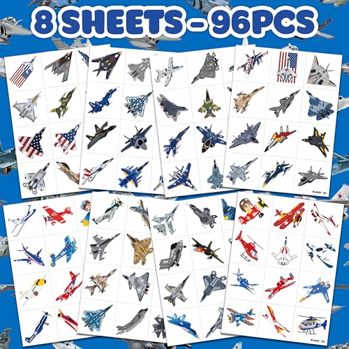 96 PCS Airplane Air Jet Fighter Pre-Cut Temporary Tattoos for Kids | Super Cute Plane Themed Birthday Party Favors, Supplies, Decorations, Fake Tattoo Stickers, School Rewards & Gifts Boys & Girls