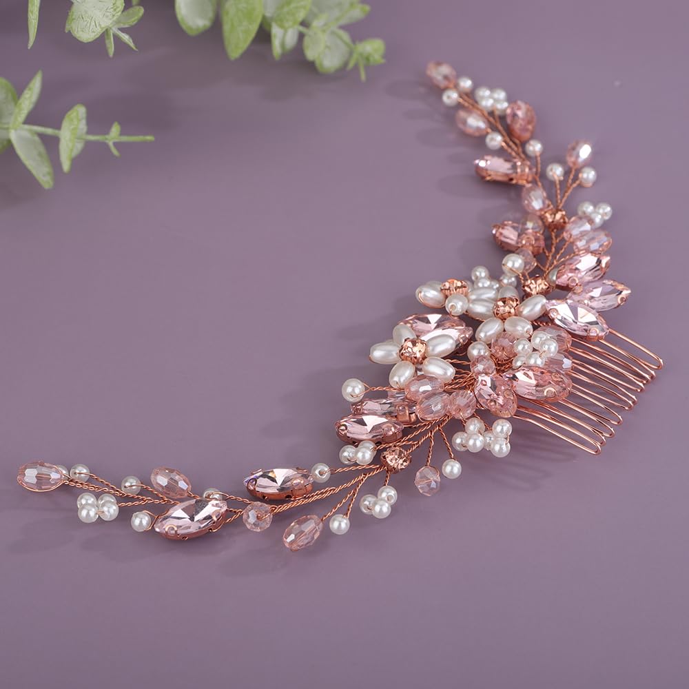 Rumtock Pink Crystal Rose Gold Hair Piece for Wedding Brides Women Girls Banquet Handmade Boho Hair Accessories Side Combs for Special Occasion (Pink)