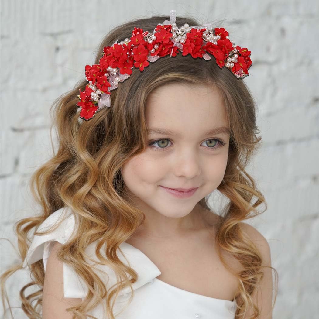 Campsis Flower Princess Headbands Pearl Communion Hair Accessories Crystal Birthday Photography Hair Band for Women and Girls (Red)