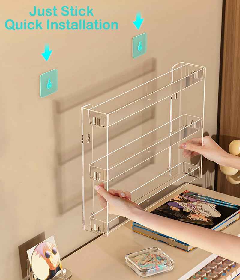 YIEZI 3 Layers Makeup Organizer Wall Mounted, Acrylic Invisible Floating Shelves with Anti-Slip Adhesive Backing, Sunglasses Display Rack, Nail Polish Storage, Clear (2 Pack)