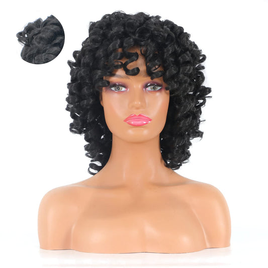 newnavat Short Curly Wigs for Black Women Soft Black Big Curly Wig with Bangs Afro Kinky Curls Heat Resistant Natural Looking Synthetic Wig for African American Women (Big Curly)