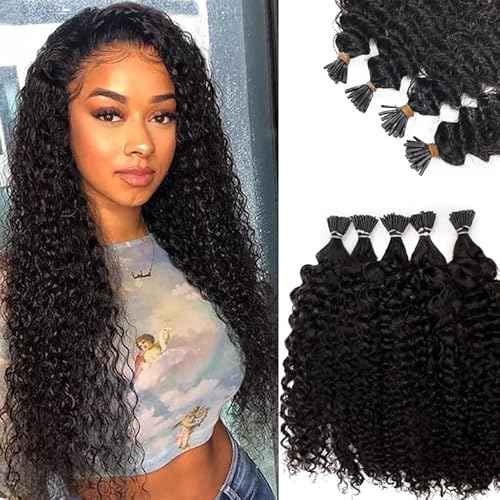 50G/Pack 28Inch Long I Tip Hair Extensions Human Hair 4-5 Packs for Full Head Pre Bonded I Tip Hair Bundles Cold Fusion Ketatin Stick Tippeds Real Human Hair Kinky Curly #1B I Tip Hair Extensions