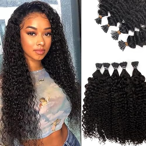 24 Inch Itip Hair Extensions Kinky Curly Pre Bonded Microlinks Human Hairs Extension Stick I Tip Hair Bundles Curly Keratin Hair Extension 1B Black Color for Women Professional Salon Hair 50g 50Stands