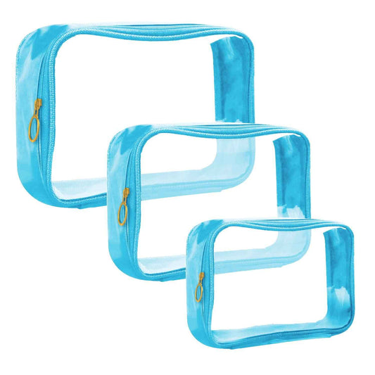 DARIN Clear Toiletry Bag 3Pack TPU Makeup Cosmetic Bag TSA Approved Toiletry Bag, Waterproof Travel Liquid Bag for Air Flight, Clear Travel Carry On Pouch for Women and Men (1L+1M+1S,Clear Blue)