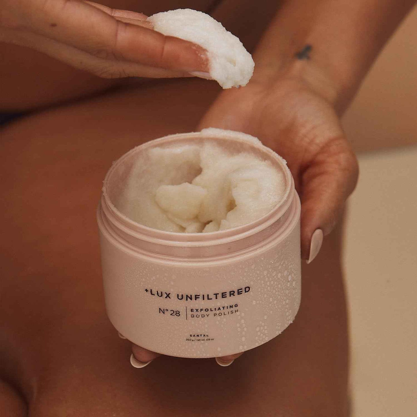 + Lux Unfiltered N°28 Exfoliating Body Polish in Santal - Exfoliating Body Scrub with Shea Butter, Passion Fruit Oil, & Vitamin E - Hydrating & Moisturizing Sugar Scrub - Vegan & Cruelty Free
