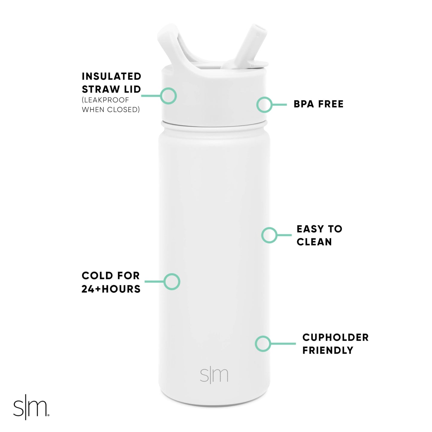 Simple Modern Kids Water Bottle with Straw Lid Vacuum Insulated Stainless Steel Metal Thermos Bottles | Reusable Leak Proof BPA-Free Flask for School | Summit Collection | 18oz, Winter White