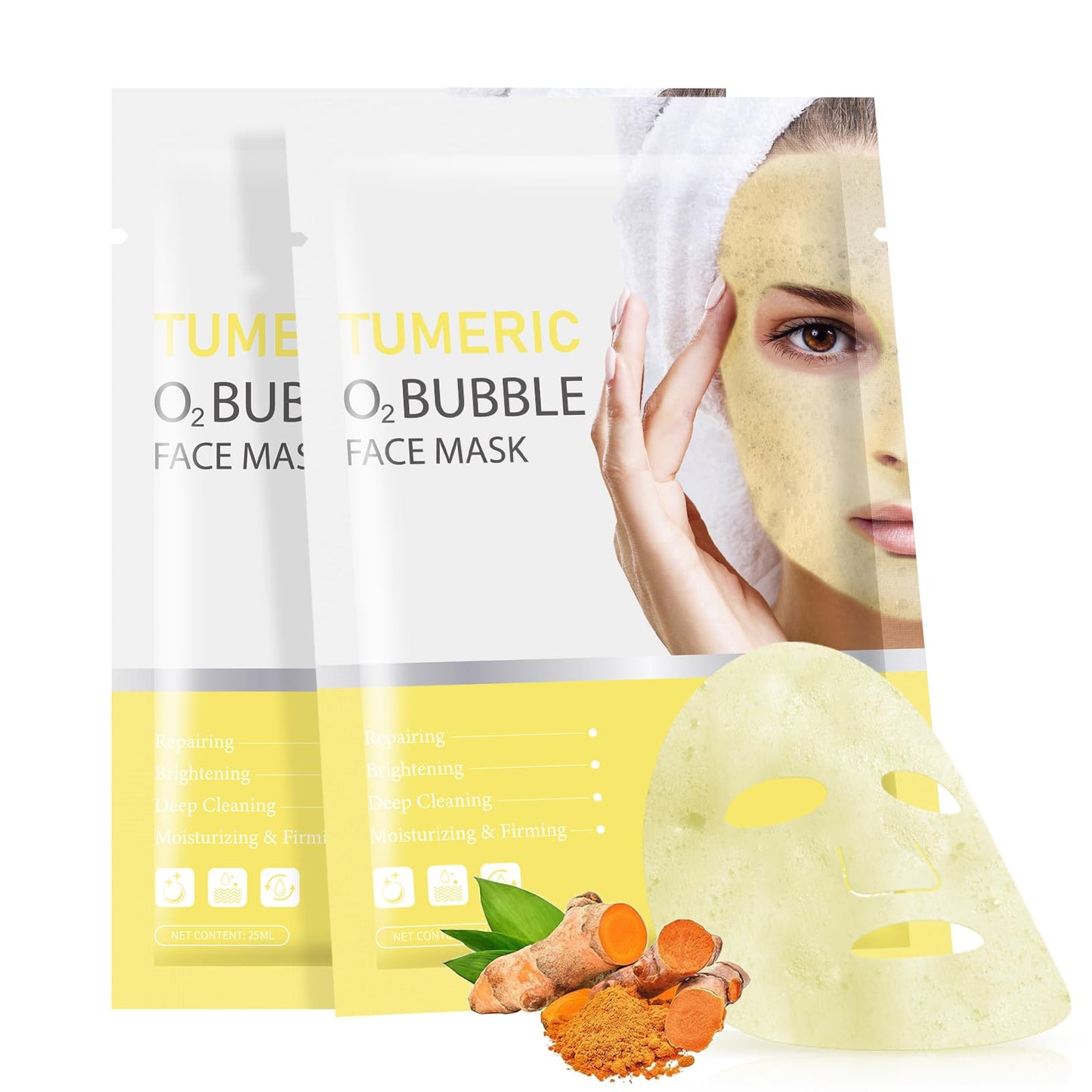 IREV Turmeric O2 Bubble Face Mask Skincare,Deep Cleansing Facial Masks,Anti-Aging, Hydration, Facial Sheet Mask for Women,Bubble Cleansing,Skin Care Moisturizing, Brightening 10 Pack