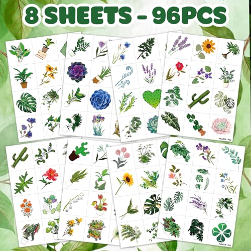 96 PCS Plants Save The Earth Day Pre-Cut Temporary Tattoos Themed Birthday Party Decorations Favors Supplies D?cor Environment Tree Flowers Tattoo Stickers Gifts For Game Boys Girls Classroom School