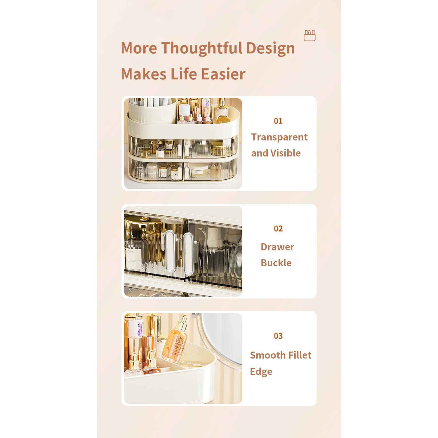 Rotating Makeup Organizer for Vanity, 3-Tier Large Capacity Countertop Storage with 4 Dust-Proof Drawers, Easily Hold Lipsticks, Jewelry, Brushes