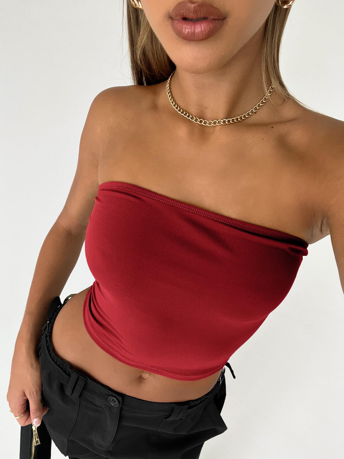 Trendy Queen Crop Tops for Women Bandeau Strapless Summer Vacation Outfits 2024 Sexy Tube Going Out Tops Basic Backless Cute Sleeveless Slim Fit Teen Girls Clothes Red