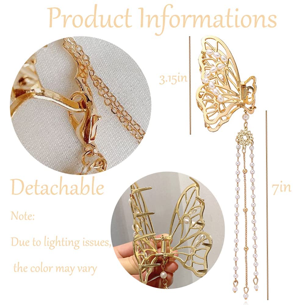 Butterfly Hair Clips 2PCS Claw Clip Big Nonslip Gold Hair Clamps Hair Accessories Butterfly Tassel Hair Catch Clip for Women and Thinner Thick Hair Styling Fashion Hair Supplies (Little Pearl)