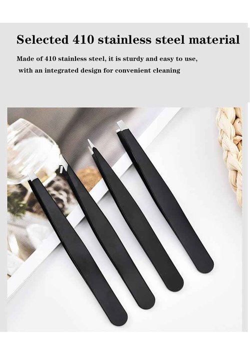 4-Piece Professional Tweezers Set, Stainless Steel Precision Tweezers for Eyebrows, Ingrown Hair & Splinter Removal, Includes Travel Case, Black - Perfect for Men & Women