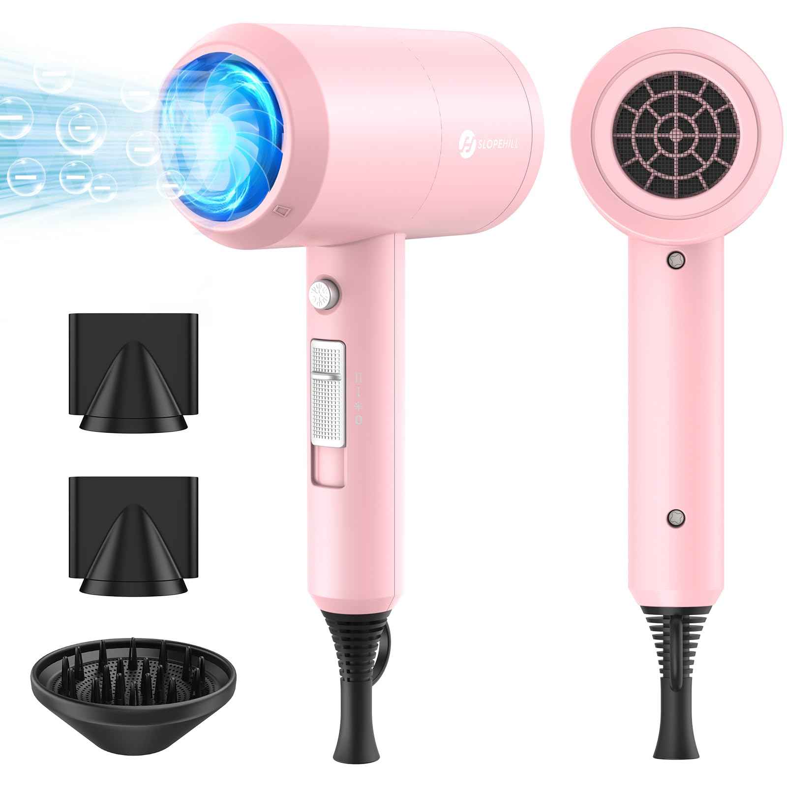 slopehill Professional Ionic Hair Dryer, Powerful 1800W Fast Drying Low Noise Blow Dryer with 2 Concentrator Nozzle 1 Diffuser Attachments for Home Salon Travel (Pink)
