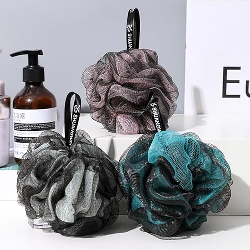 Bath Shower Loofah Sponge Pouf Ball 75g/Piece Body Scrubber Bamboo Exfoliator Body Wash Sponge Shower Puff Set of 3 Charcoal Green, Black & Pink, Bath Sponge for Men and Women (Black Pink)