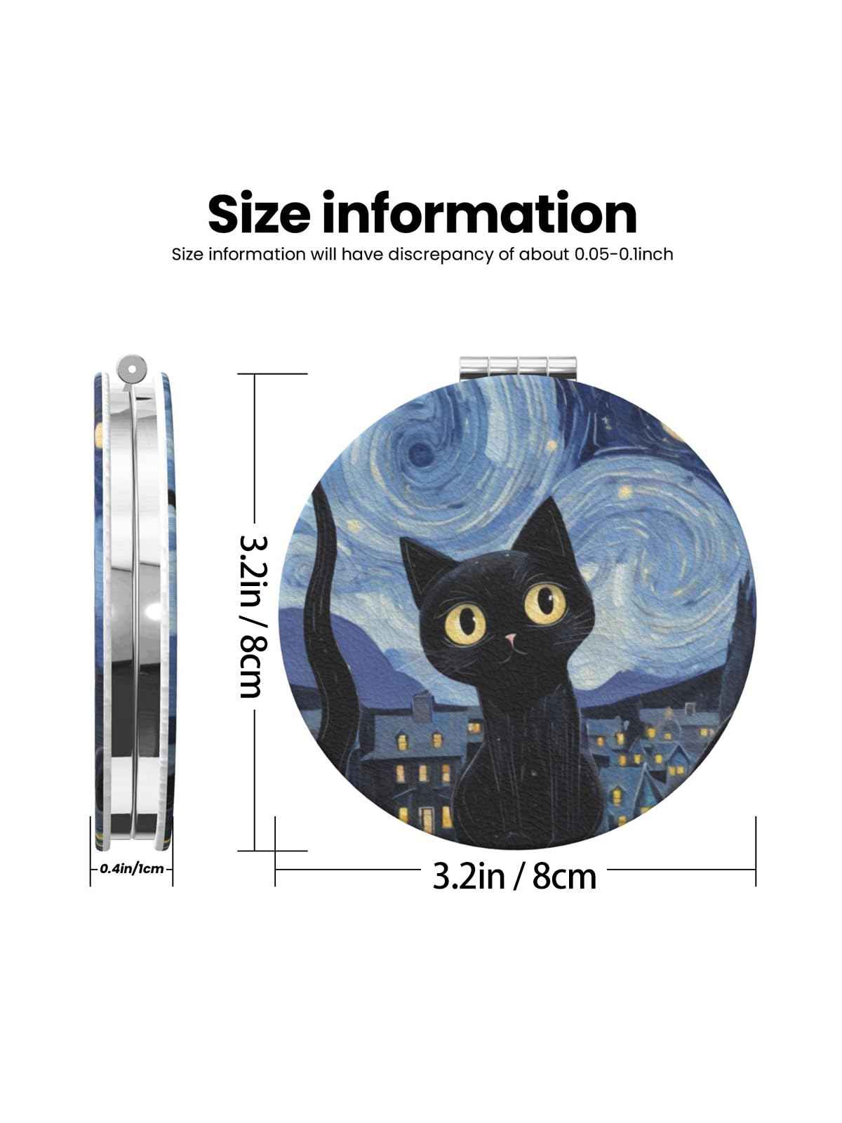 LOPIOIO Compact Pocket Mirror, 1X/2X Magnifying Round Mirror for Girls Women, Portable Pu Leather Makeup Mirror for Handbag, Purse, Travel - Starry Night Cat