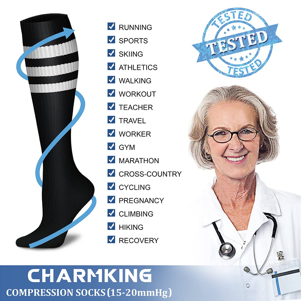 CHARMKING Compression Socks for Women & Men Circulation (3 Pairs) 15-20 mmHg is Best Athletic for Running, Flight Travel, Support, Cycling, Pregnant - Boost Performance, Durability (S/M, Multi 50)