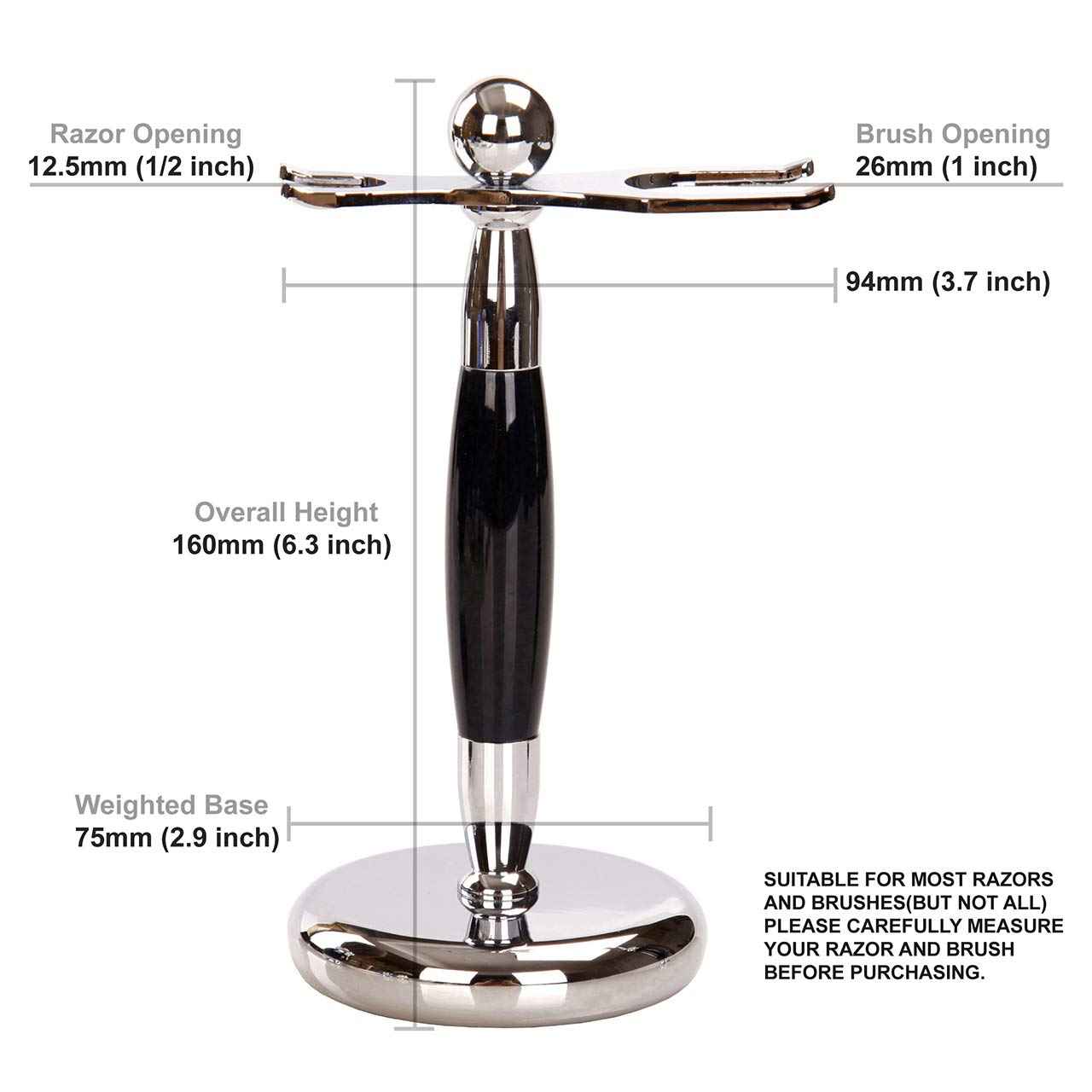 SANWA Deluxe Stainless Steel Shaving Brush Stand Holder for Razor & Brush Weighted Base Black Handle