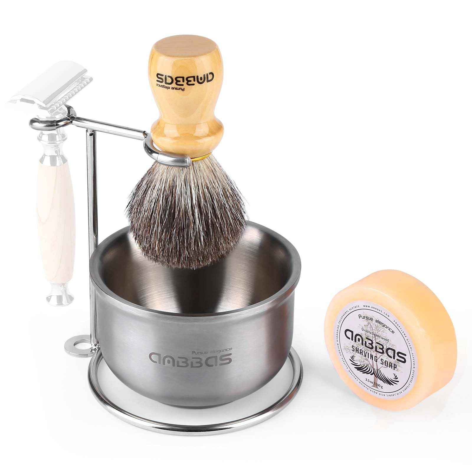 Anbbas Badger Hair Shaving Brush with Wood Handle,Stainless Steel Razor and Brush Stand, Shaving Bowl with Shaving Soap Bar 4in1 Set for Men Wet Shave