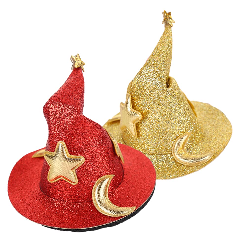 ZHOUMEIWENSP 2Pcs Mini Top Hat Hair Clips Shining Star Moon Halloween Witch Hat Flet Hairpins Hair Barrettes Hair Accessories for Party Performance Props (Red&Yellow)