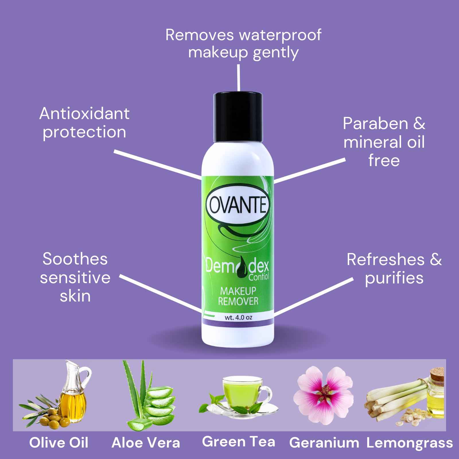 Ovante Demodex Mite Eliminating Face Wash & Make Up Remover With Tea Tree Oil For Human With Demodex Mite, Rosacea, Blepharitis, Itchy Eyelids & Lashes - 4.0 oz