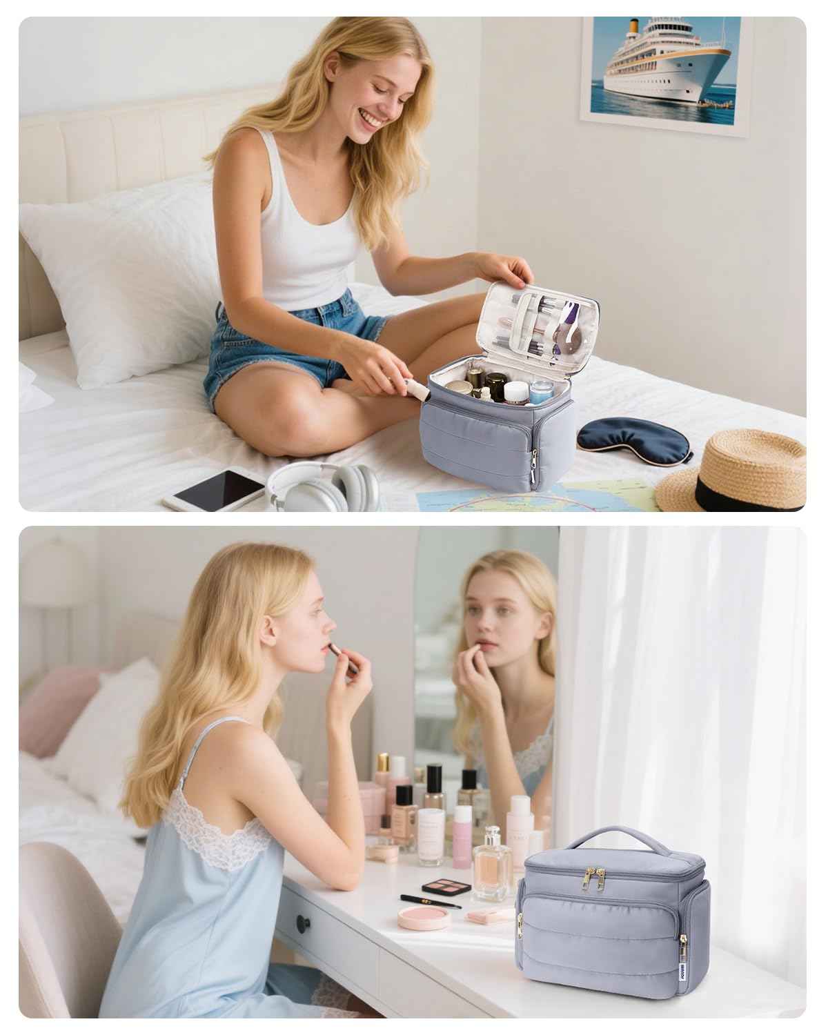 WANDF Travel Toiletry Bag for Women, Wide-open Large Makeup Bag with Handle, Puffy Makeup Organizer for Toiletries, Cosmetics, Accessories, Essentials (Slate Blue)