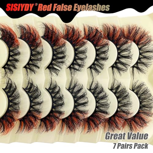 Colored Lashes Mink Fluffy CD Curl Red Eyelashes Strips Halloween 3D Faux Mink Dramatic 20MM Long Colorful False Eyelashes Wispy Lash 7 Pairs Pack YH-C01