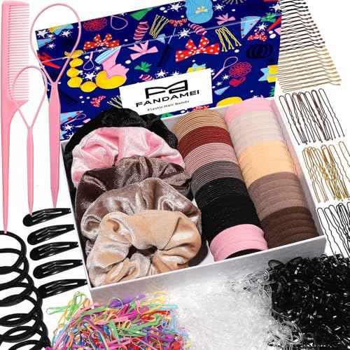 FANDAMEI Hair Ties Kit for Women, Velvet Scrunchies, Elastic Rubber Bands, Seamless Hair Ties, Hair Clips, Bobby Pins, U Shaped Hair Pins for Styling, Hair Accessories Kit