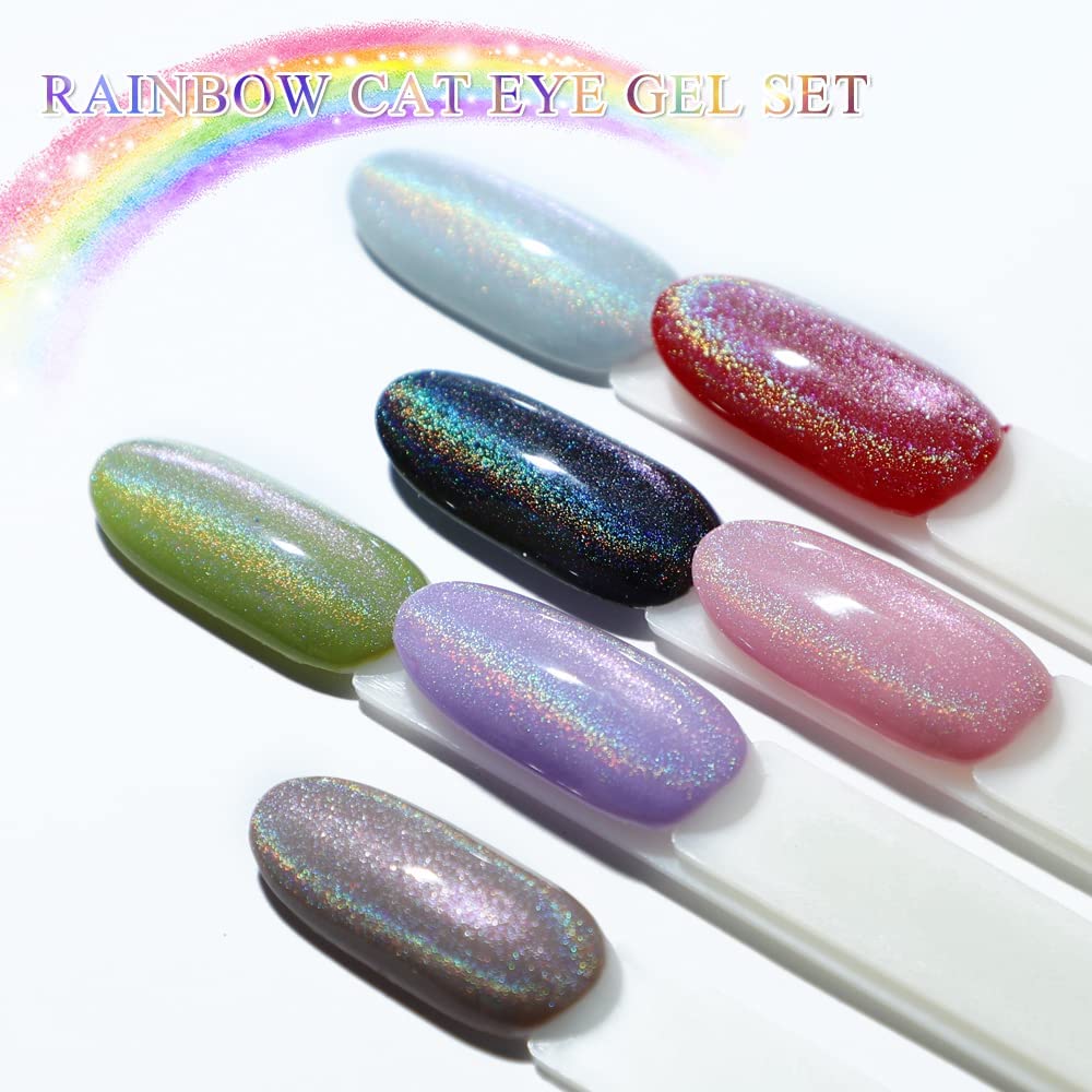 MIZHSE Rainbow Cat Eye Gel Nail Polish Magnetic Gel Nail Polish Holographic Gel Polish with 1PC Universal Rainbow Cat Eye Gel Soak Off UV LED Gel Nail Polish Set with 1 Magnet Stick -8PCS