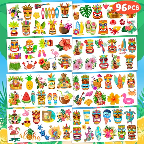 Luau Temporary Tattoos for Kids - 96 PCS Waterproof