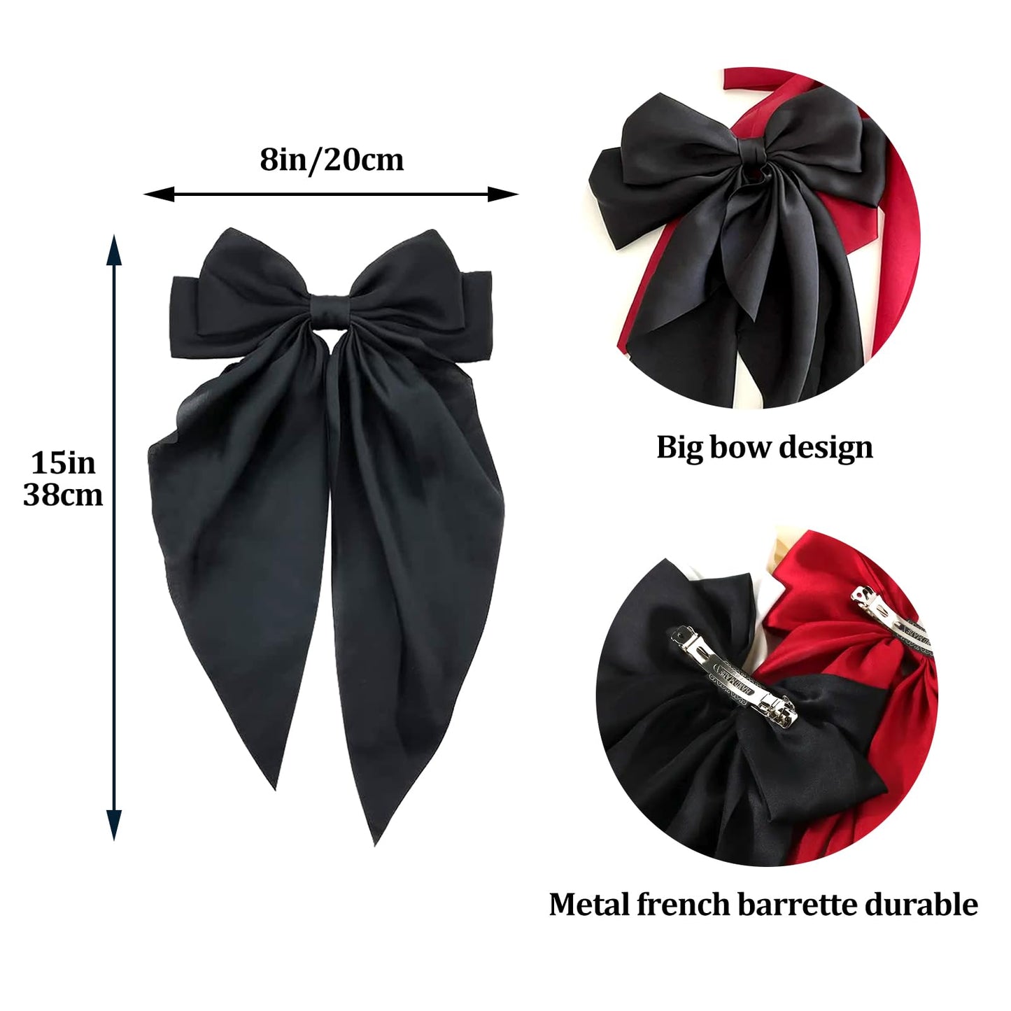 4PCS Oversized Satin Silk Hair Accessories - Long Tail Bowknot Barrettes with Metal Clips for Women in Red, Yellow, Black, White