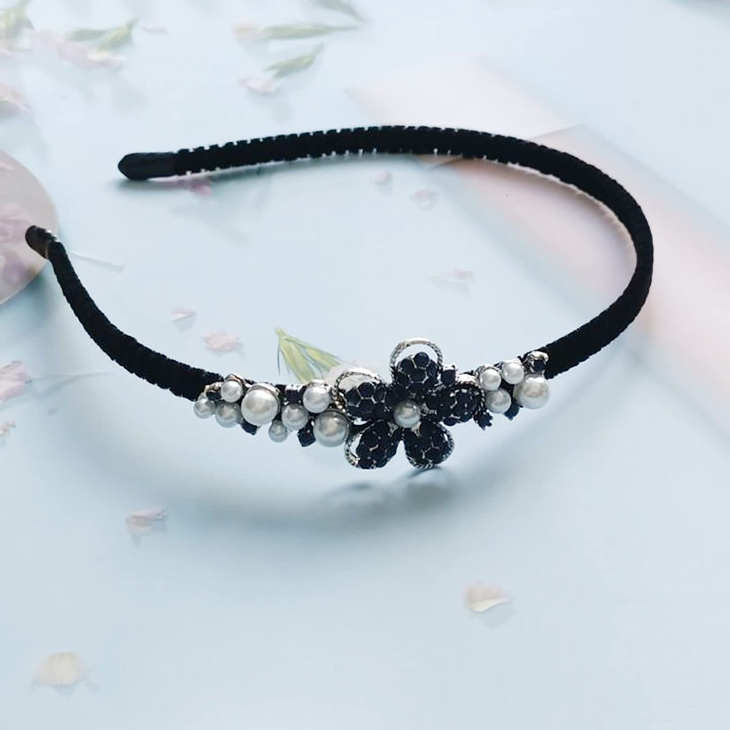 Flower Pearl Rhinestone Headband for Women Vintage Bow Mental Headband Crystal Hair Hoops Band Headpiece Accessories (Flower)