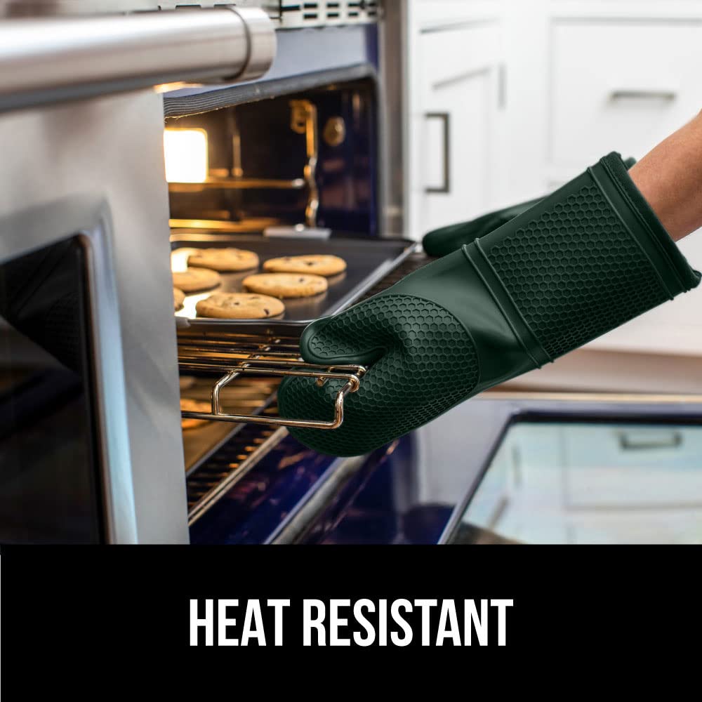 Gorilla Grip Heat and Slip Resistant Silicone Oven Mitts Set, Soft Cotton Lining, Waterproof, BPA-Free, Long Flexible Thick Gloves, Cooking, BBQ, Kitchen Potholders, 12.5 in, Hunter Green