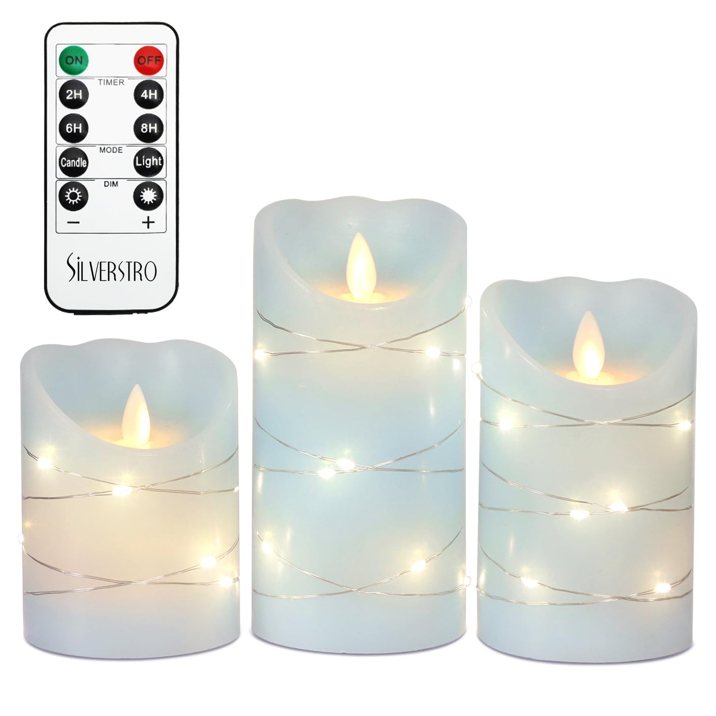 Silverstro Christmas Nautical Flameless Candles with String Lights Moving Wick Ocean Blue Battery Operated Candles with Remote Control & Timer - Home Farmhouse Holiday Thanksgiving Decor - Set of 3