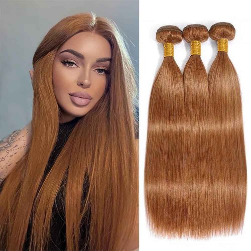 #30 Straight Human Hair Bundles 14 16 18 Inch Brown Bundles Human Hair Unprocessed Native Virgin Hair 100/PC 3 Extensions Light Brown Color Wet and Wavy Human Hair Extensions for Women