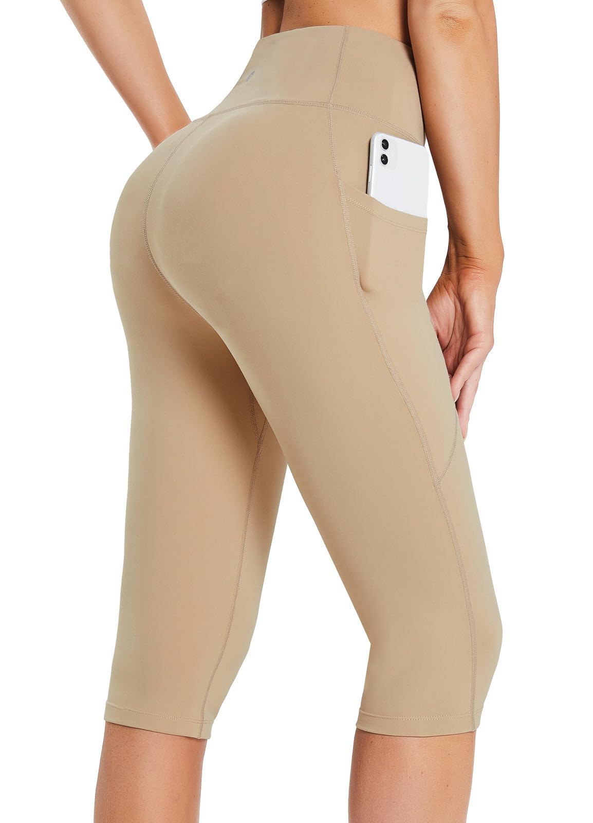 BALEAF Women's Capri Leggings with Pockets Knee Length High Waisted Petite Yoga Casual Workout Exercise Capris Khaki XS