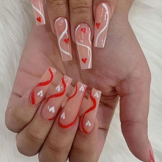 Valentine?™s Day Press on Nails Long Fake Nails with Black White Heart and Stripe Designs Full Cover Glue on Nails for Women Glossy Acrylic Coffin Nails for Valentines Decorations, 24Pcs