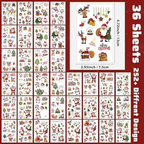 350+ PCS Christmas Temporary Tattoos for Kids, Xmas Santa Claus Snowman Penguin Elk Tattoos Stickers, Christmas Stocking Stuffers Fake Tattoos for Girls Boys, Party Supplies Favors Decors, 36 Sheets