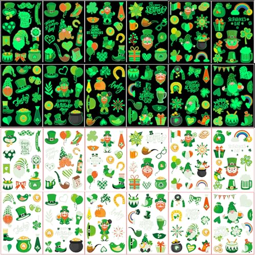 12 Sheets Glow in The Dark St Patricks Temporary Tattoos for Irish St. Patricks Day Luminous Party Shamrock Decorations Favors Goodie Bag Fillers Tattoo Stickers for Adult Q1003