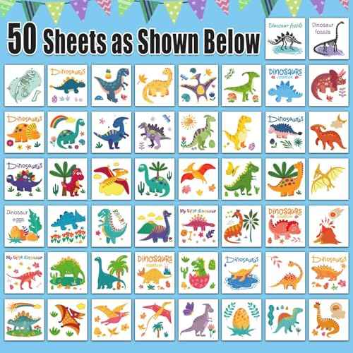 Partywind Dinosaur Kids Tattoos for Party Supplies, Individually Wrapped Cut Tattoos for Dinosaur Birthday Party Decorations Favors, Goodie Bag Stuffers Toys for Boys and Girls (50 Styles)
