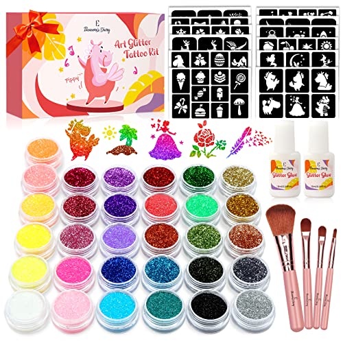 Glitter Tattoo Kit for Kids - 31 Colors, 165 Stencils